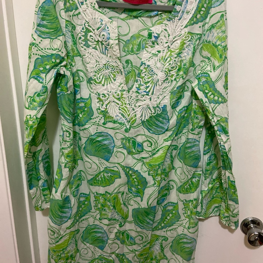 Lilly Pulitzer Jubilee Brooke Shields Green Blue white Beaded Tunic Dress Sz L - Picture 2 of 6